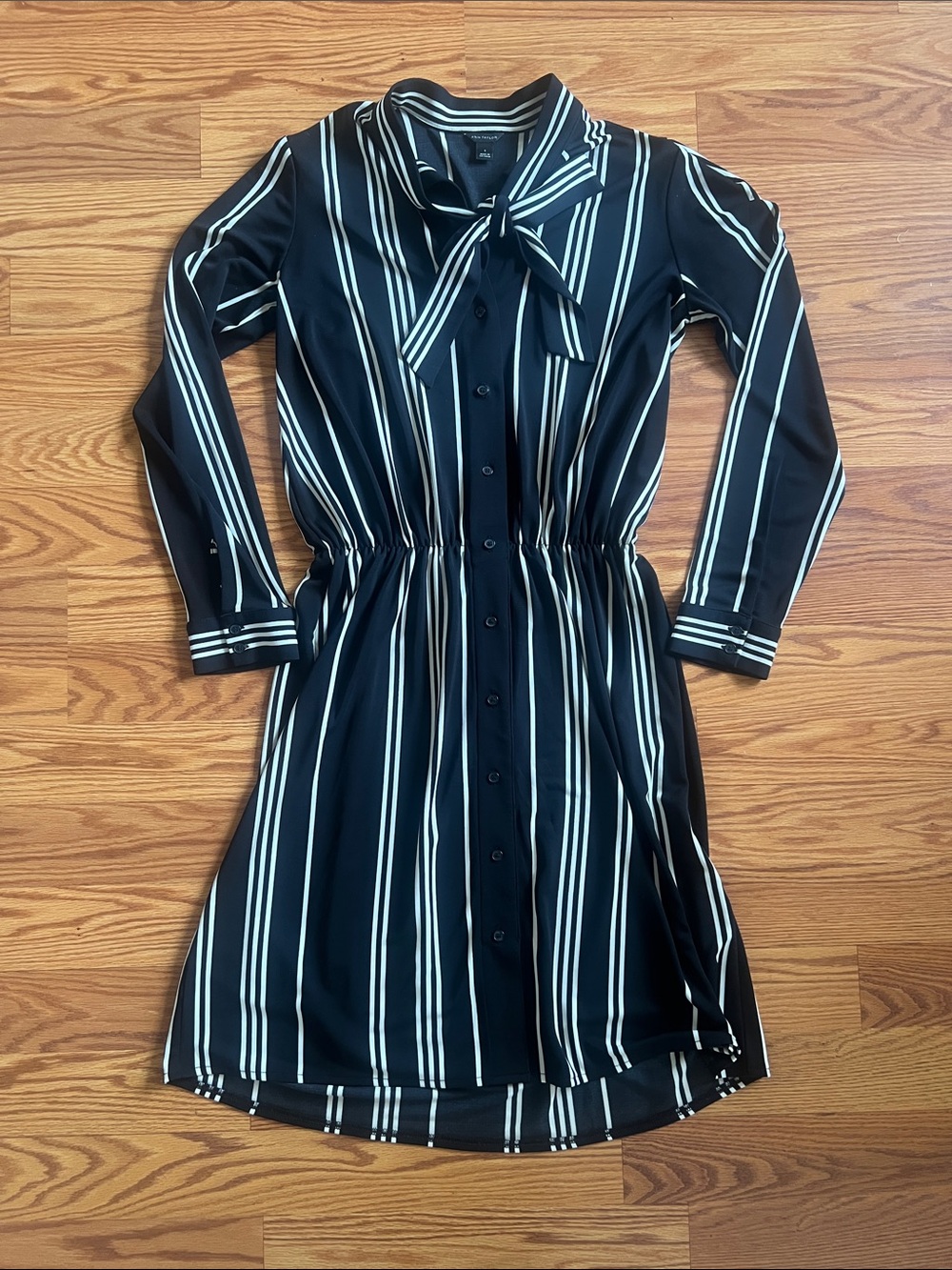 Ann Taylor Black and White Striped Tie-Neck Shirt Dress
